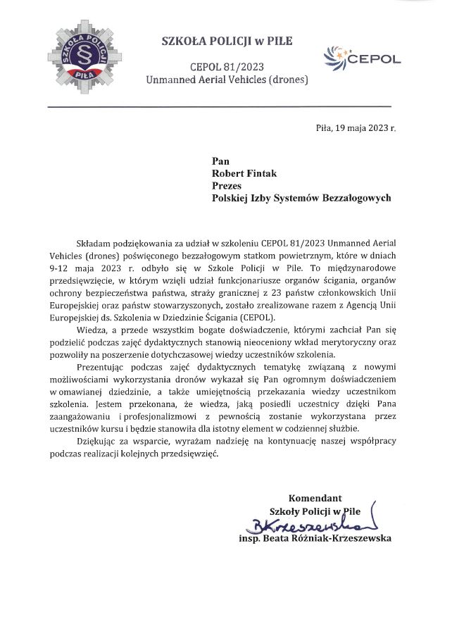 list z policji w sprawie szkolenia CEPOL